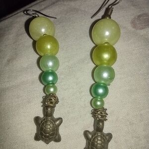 Green and Yellow Beaded Turtle Earrings